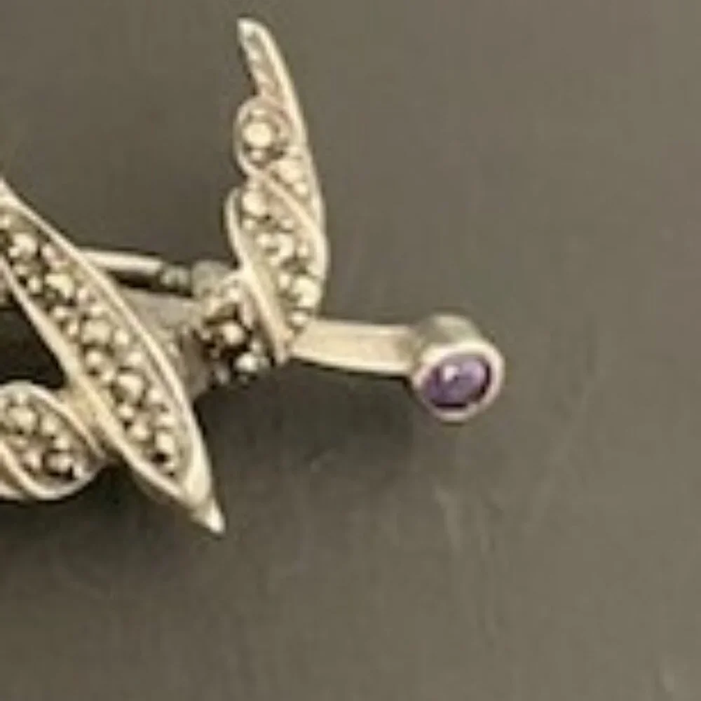 Vtg Sterling Silver‎ Marcasite Pave Birds Pin Brooch Purple Gemstone Marked 925
